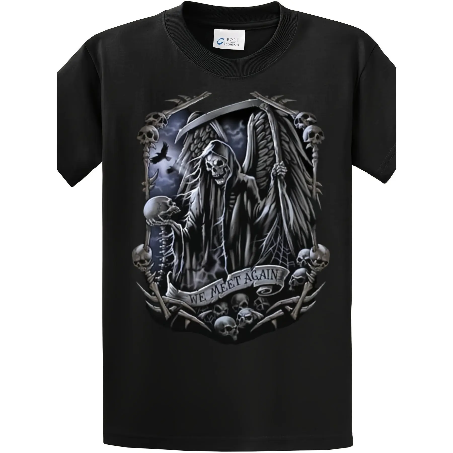 Men'S Gothic Grim Reaper & Death Motif T-Shirt - Heavy Metal Inspired Biker Reaper Graphic Tee with Skulls, Bones - Soft Stretch Crew Neck Short Sleeve Shirt for Halloween, Concerts, Casual Attire - Edgy Dark Style Apparel, Goth Shirts