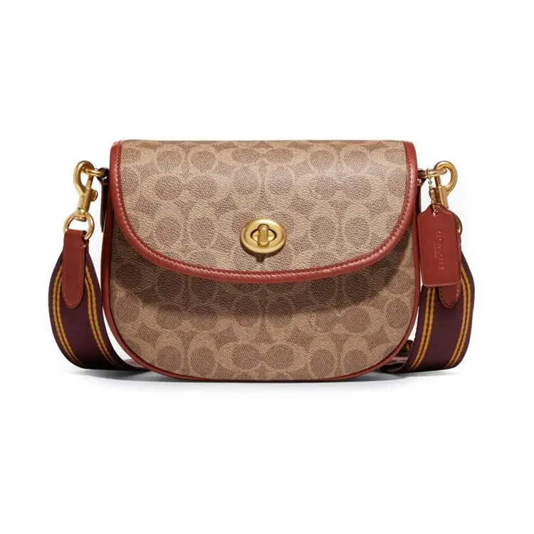 COACH Willow 20 Classic Monogram Flap Crossbody Bag for Women, Small Size, Tan and Rust Brown Canvas with Leather Trim