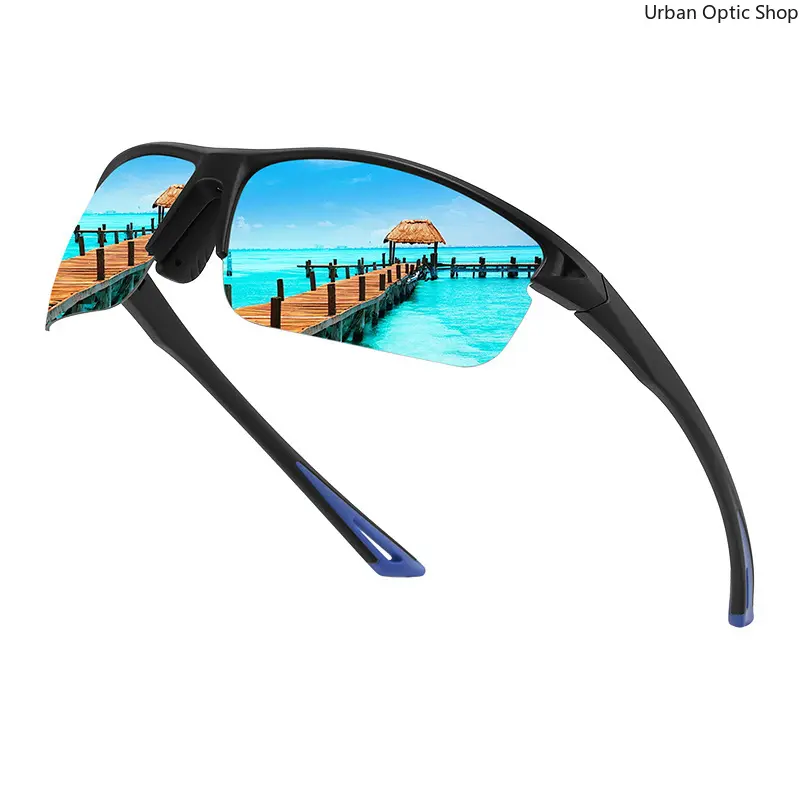 XUH Half Rim Sport Sunglasses, Black Frame with Blue Temples & Blue Mirrored Lenses, Lightweight Outdoor Eyewear for Driving, Beach & Outdoor Activities