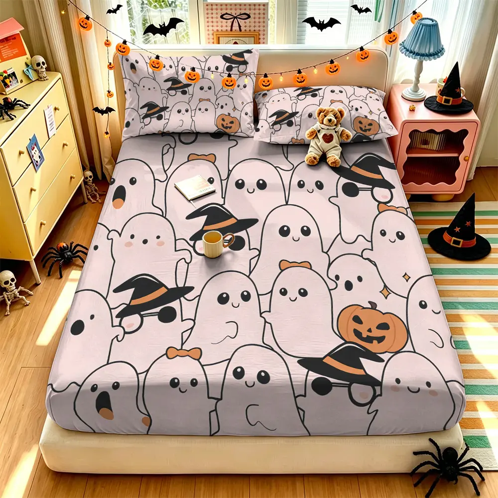 (1 fitted sheet + 2 pillowcases, no filler),Halloween Cute Ghost Pattern,Multi-size fitted sheet 3-piece set, soft skin-friendly & machine washable, all-season bedding for home decor, perfect gift choice for bedroom