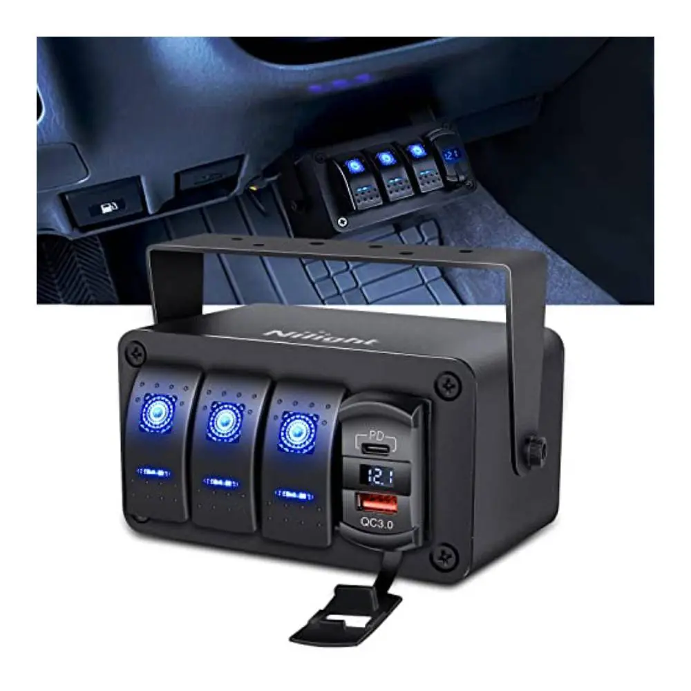 Nilight Aluminum 3-Gang Rocker Switch Panel - Blue Backlit, PD Type-C & USB Charger + Voltmeter (12V/24V DC), Waterproof, Night Glow Stickers, Screws Included, for Car/Marine Use, 2-Year Warranty, Blue/Box, Charger + Meter