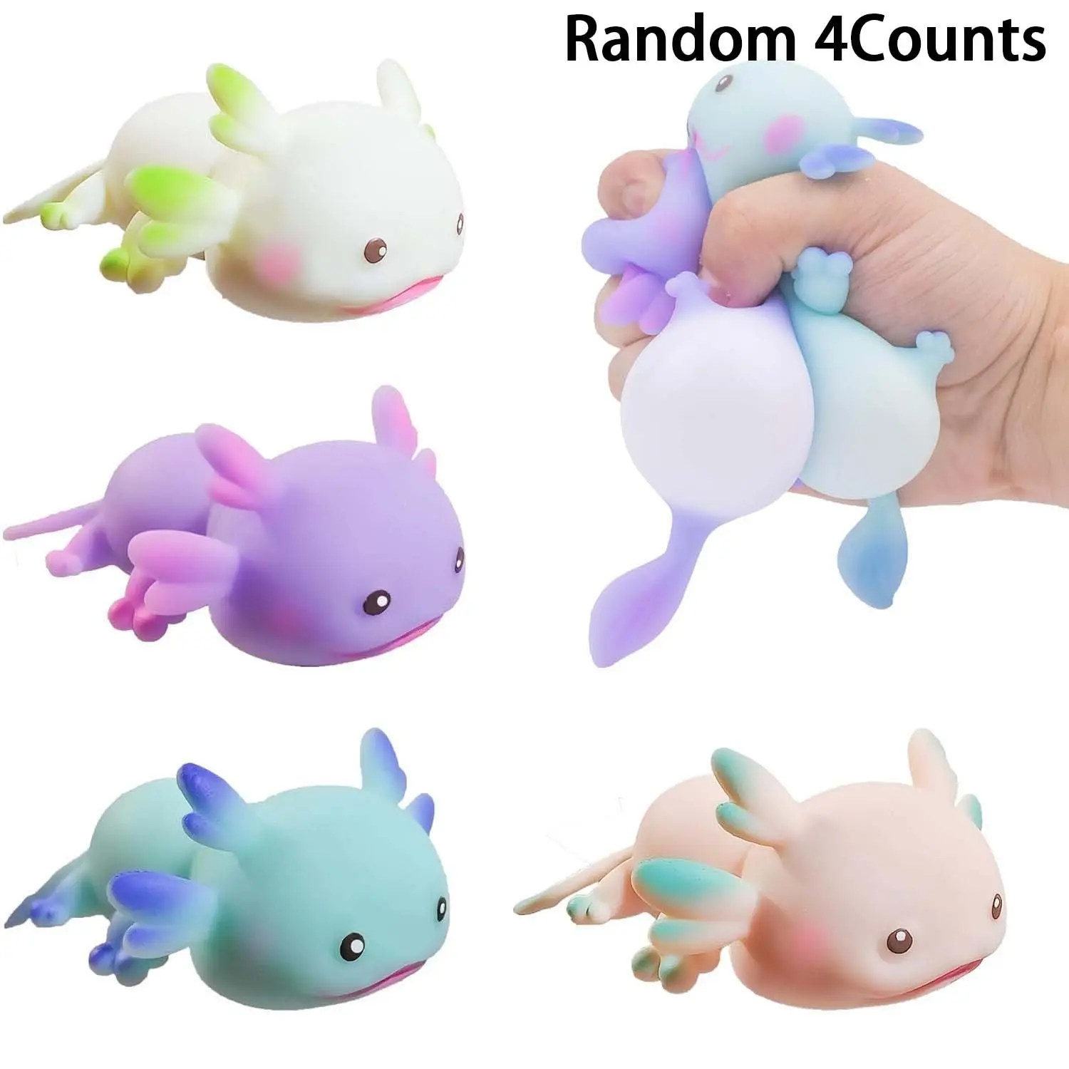4 Counts Axolotl Sensory Fidget Toy, Squishy Fidgets, Stress Relief Squeeze Toy for Kids and Adults, Cute Axolotl Animal Toys for Gifts and Parties