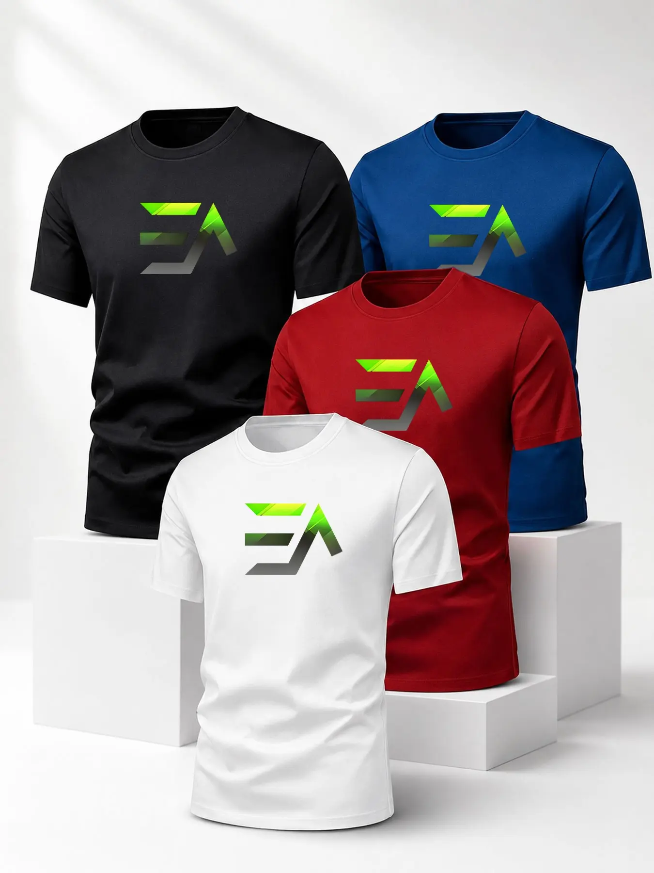 4-Pack Basic Sportswear Tees, Gym Training, Running, Daily Wear, Minimalist Futuristic Print, Lightweight Stretch Fabric, Unisex