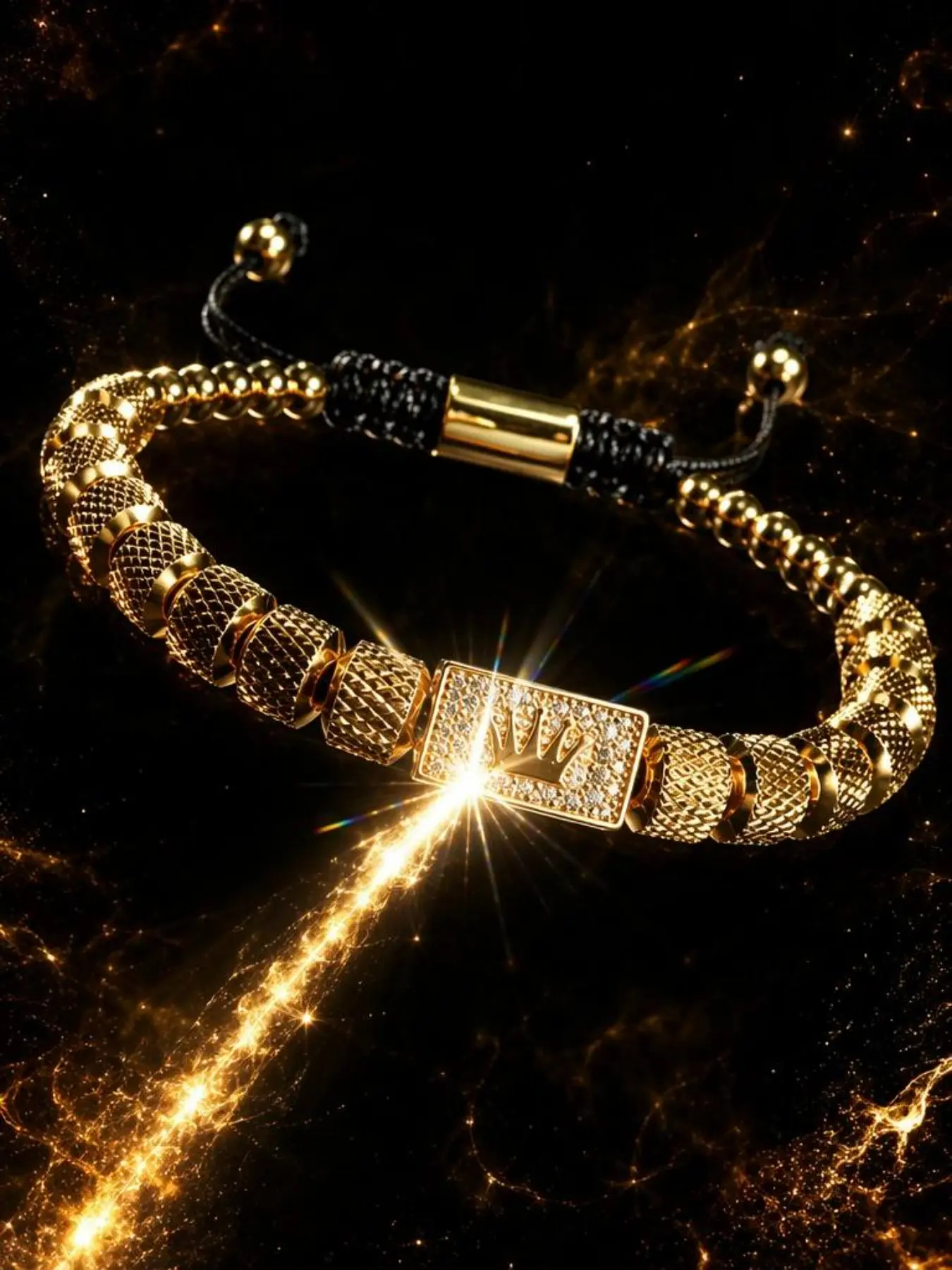 Men Gold Crown Rhinestone Beaded Bracelet Adjustable Braided Rope Alloy Bracelets Luxury Business Jewelry Gift For Him