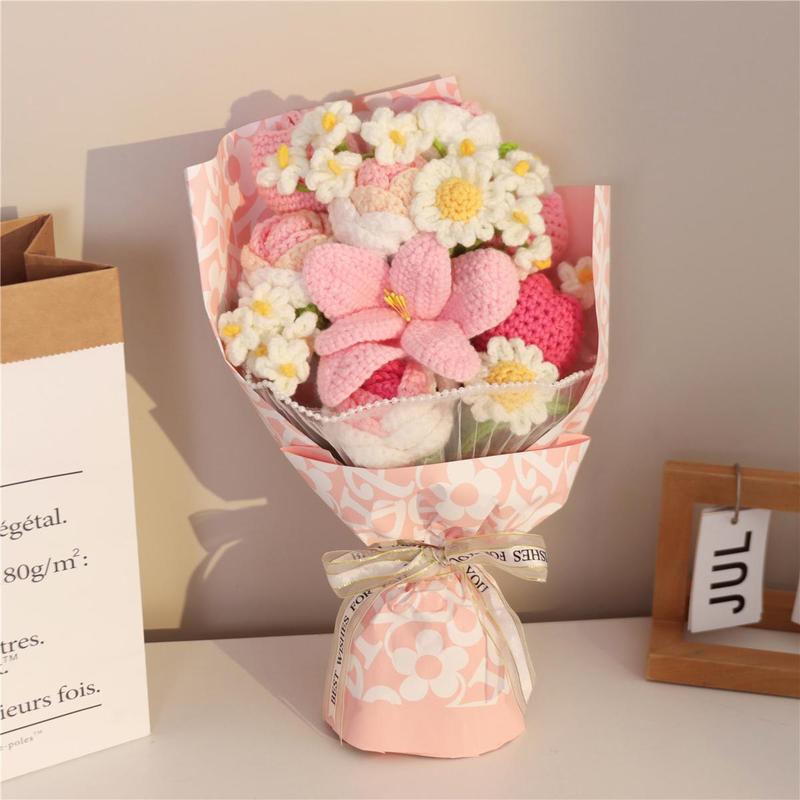 Handmade Crochet Flower Bouquet, 1 Bunch Decorative Artificial Flowers for Home Decor, Weddings, Parties & Anniversaries, Perfect Gift for Valentine’s Day, Birthday, Mother’s Day & Thanksgiving, Fake Flower