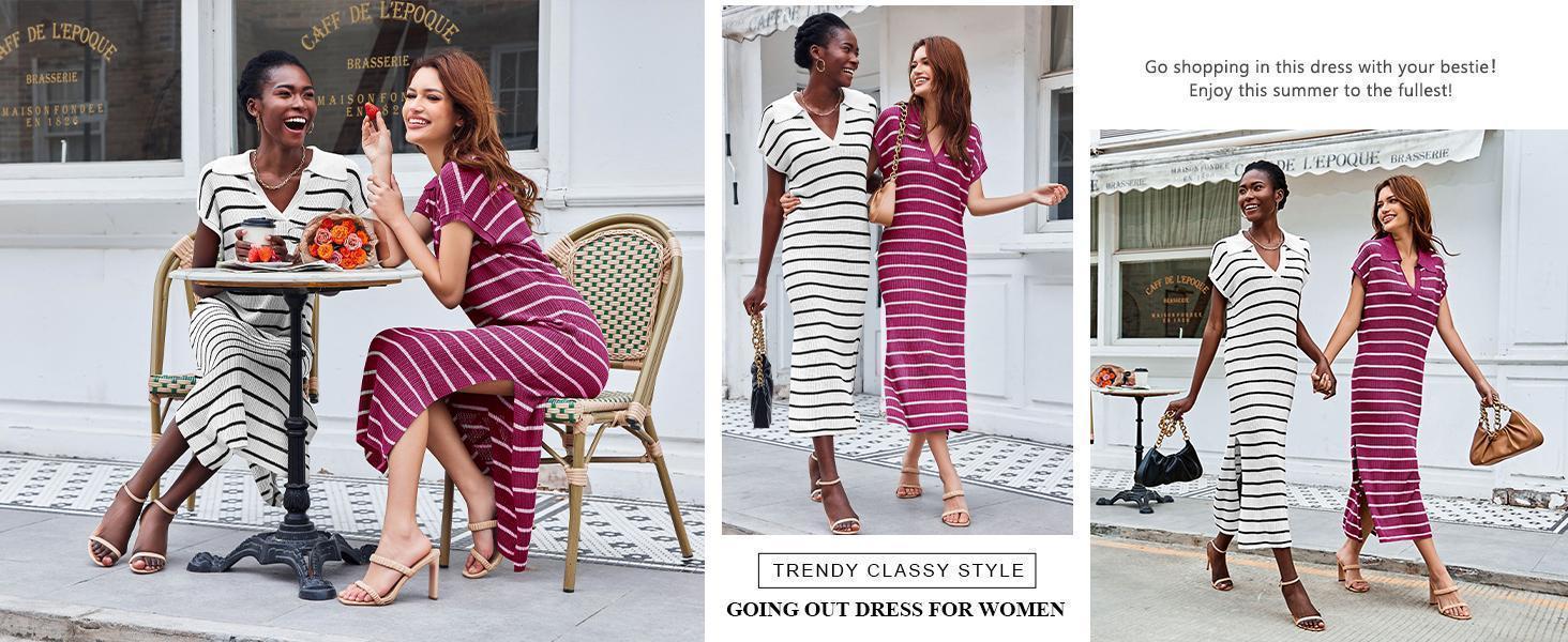Imily Bela Womens Striped Summer Dresses Short Sleeve V Neck Knit Collared Sexy Slit Loose Maxi Sweater Dress SpringStatements