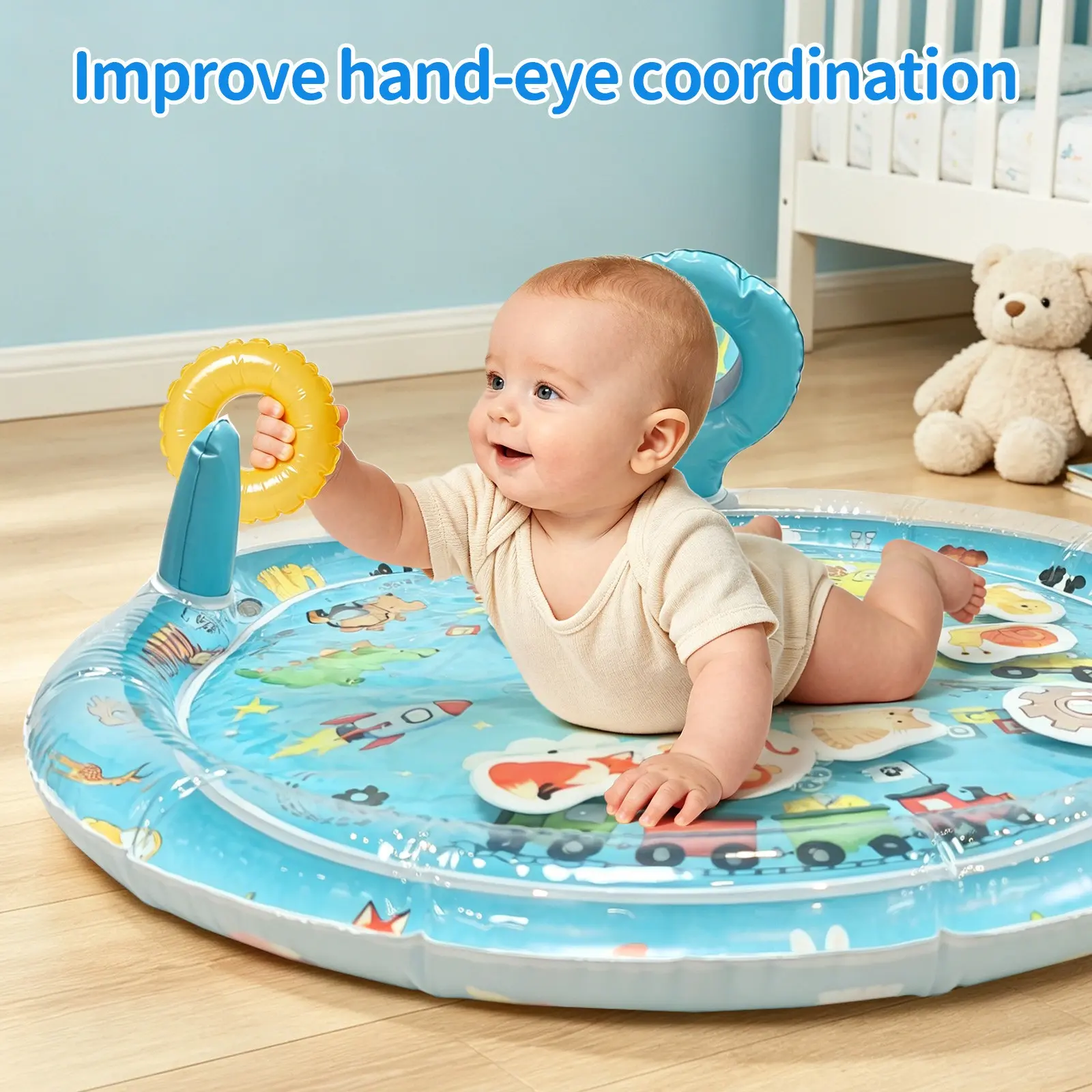 1pc Round Inflatable Water Playmat with Mirror, PVC Water Play Mat For Toddlers, Cartoon Game Water Mat, Encourage Activity And Sensory Development