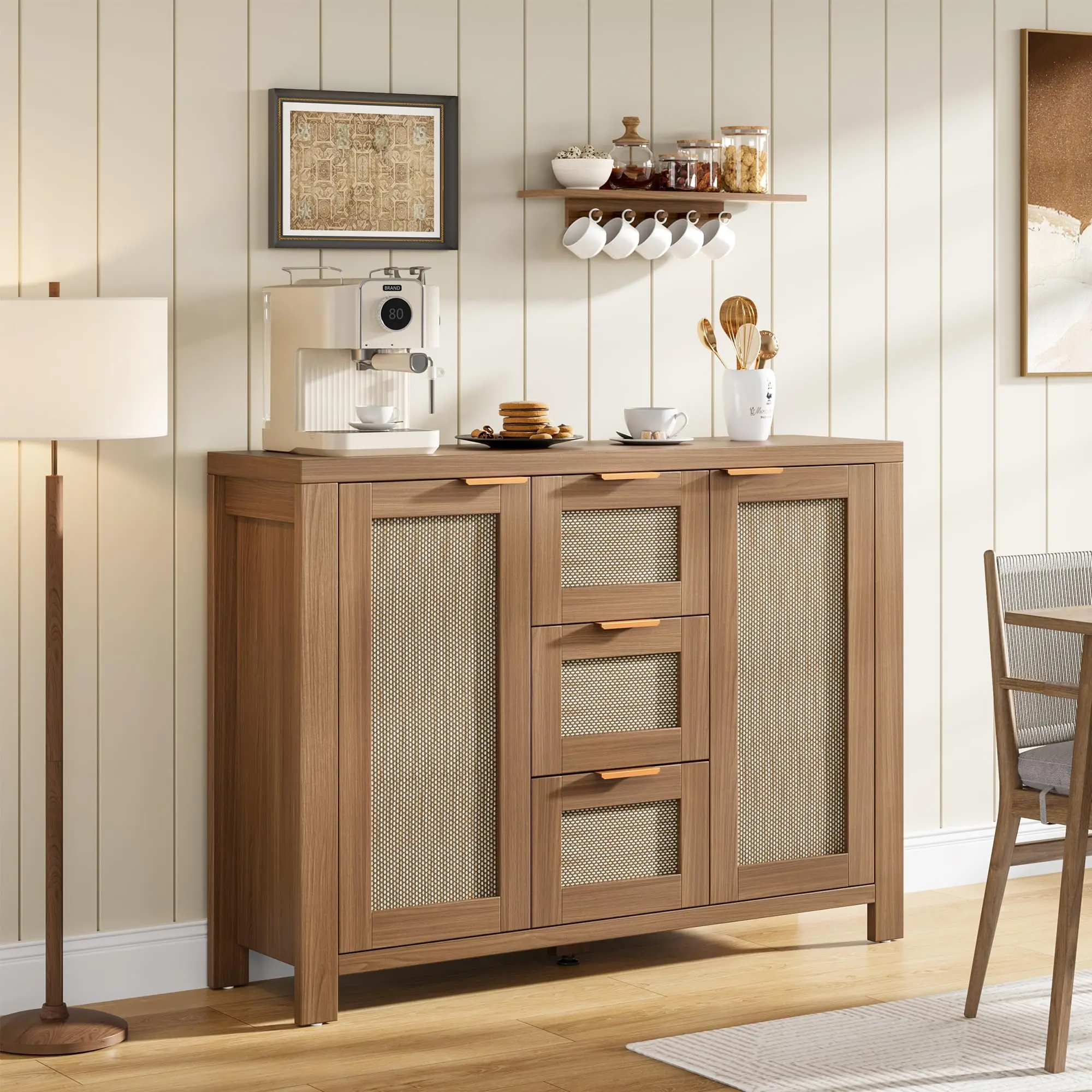 Rattan Buffet Sideboard Cabinet, Coffee Bar Cabinet with 3 Drawers, Boho Kitchen Accent Storage Cabinet