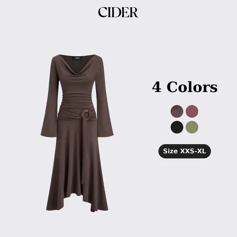 Cider Cowl Neck Bell Sleeve O-Ring Ruched Ruffle Hem Midi Dress