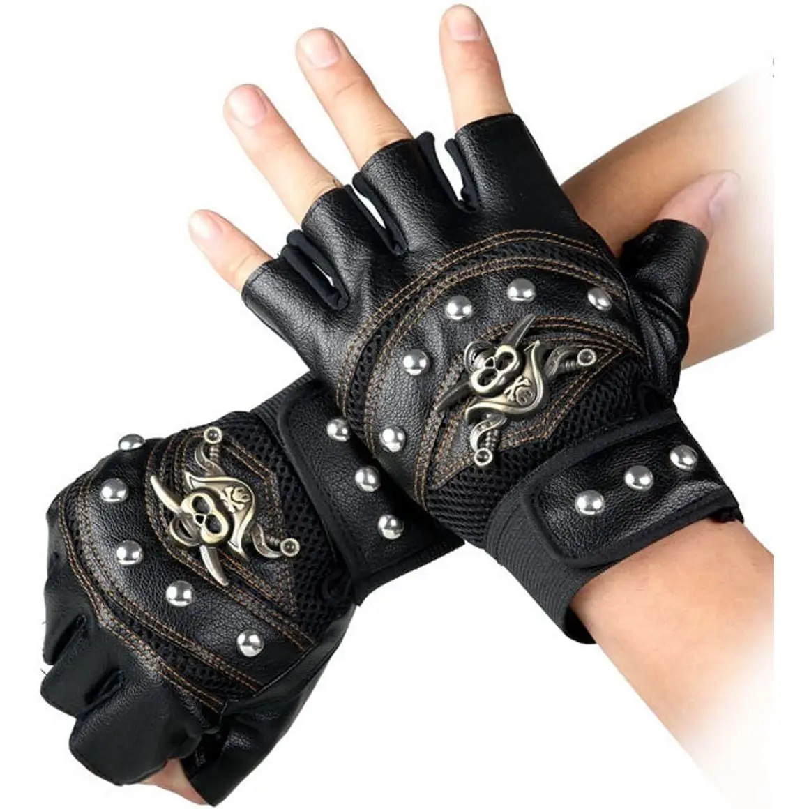 Steampunk Gothic Gloves Mens Vintage Geuuine Leather Captain Fingerless Mittens