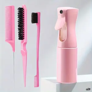 4-Pack Heatless Hair Styling Tool Kit with Spray Bottle, Straight Back Comb, Edge Control Brush - Portable Hair Care Set for Salon & Daily Use