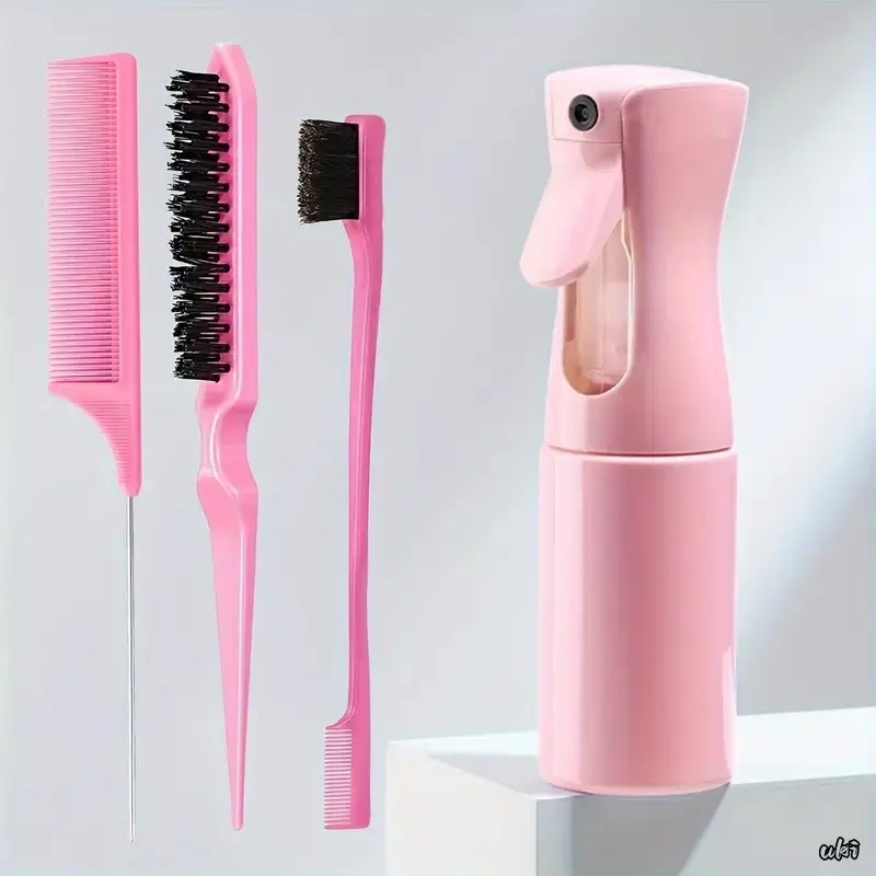 4-Pack Heatless Hair Styling Tool Kit with Spray Bottle, Straight Back Comb, Edge Control Brush - Portable Hair Care Set for Salon & Daily Use