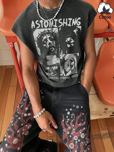 Men's Oversized Cut-Off Sleeveless Tee Vintage Retro Washed Black Cotton Distressed Jesus Graphic Print Streetwear Top Casual Hip Hop Punk Aesthetic Sleeveless Shirt for Gym Workout Summer Street Style Daily Wear