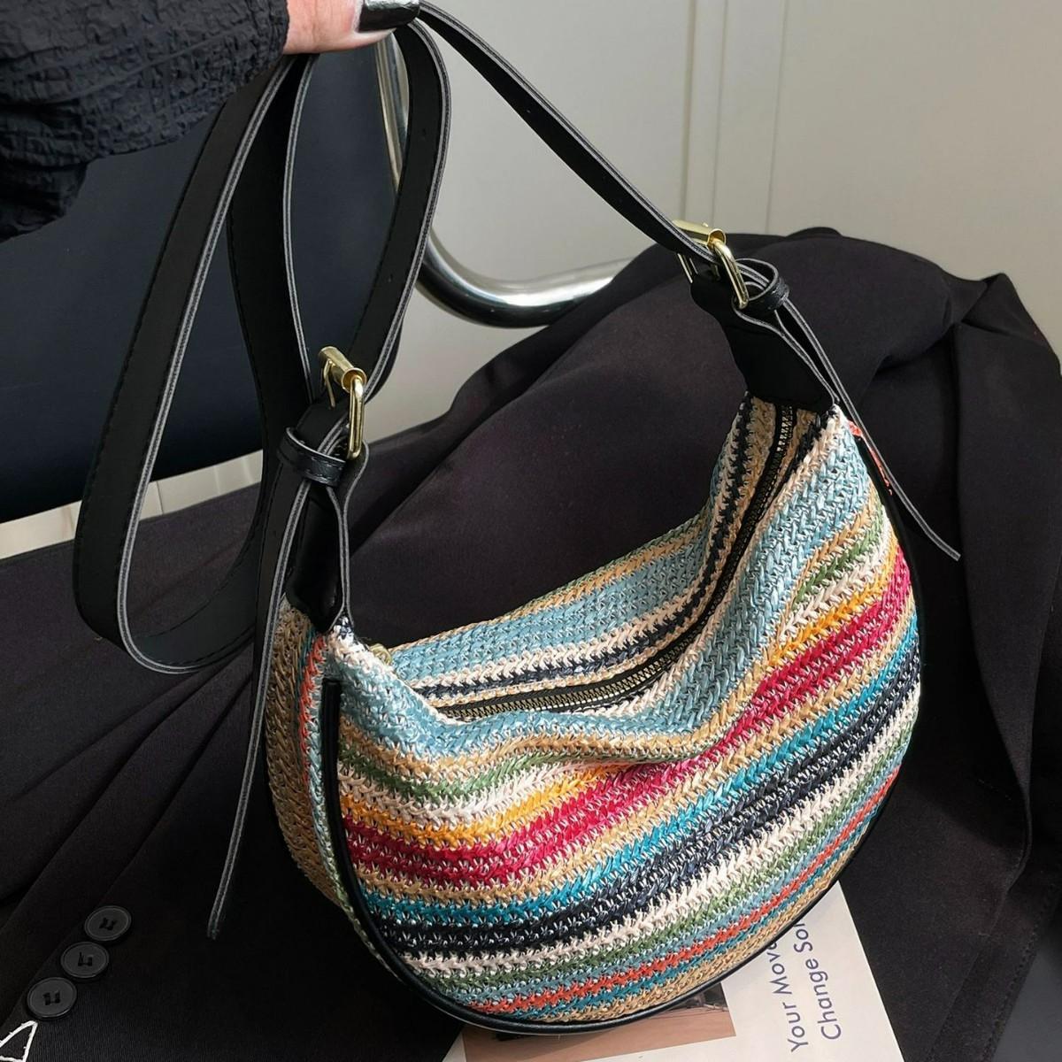 Summer Woven Bag for Women – New Style Large Capacity Cross-body Bag with Shoulder Strap – Rainbow Stripes Dumpling-Shaped Woven Fabric Tote for Daily Commuting