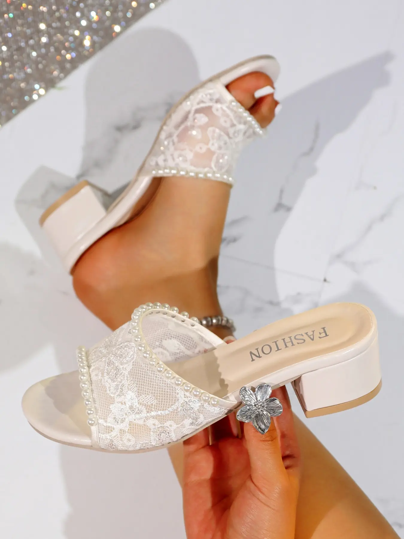 2026 Women's New Bridal Wedding Footwear Lace Pearl Trim Block Heel Sandals, Embellished Sandals, Elegant Open-Toe High Heel Shoes, Comfortable Wedge Design