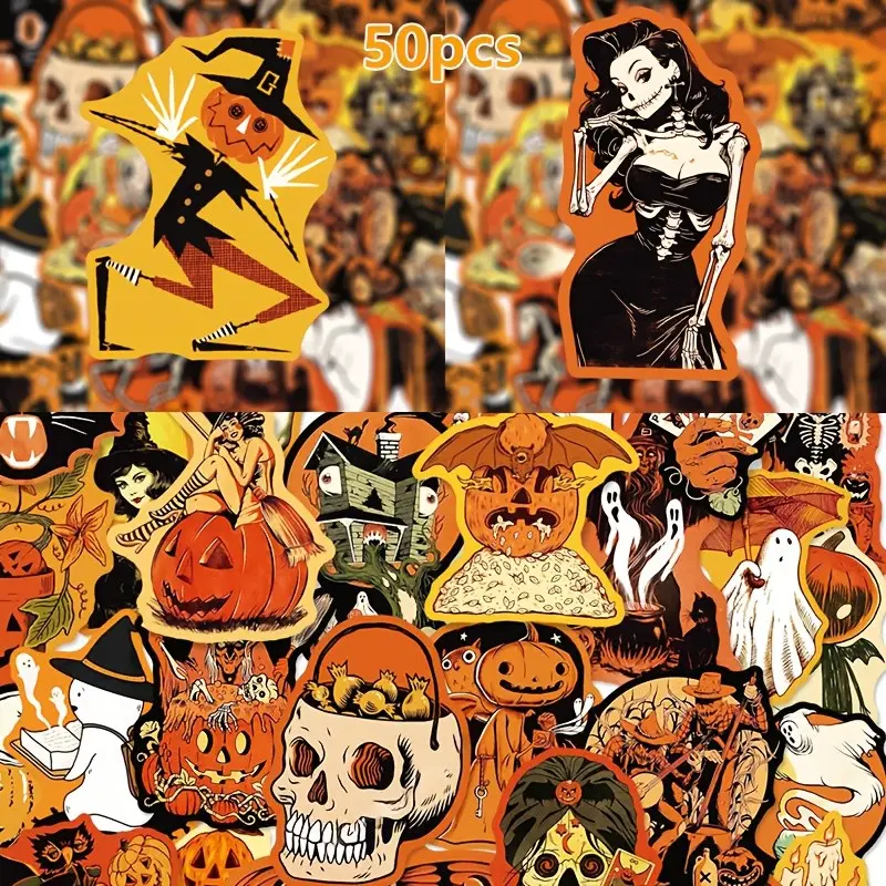 50 Retro Halloween Horror Pumpkin Graffiti Stickers, Waterproof No-Trace Decals, Decorate Phone Cases, Skateboards, Luggage, DIY Creative Art, Perfect Halloween Gift