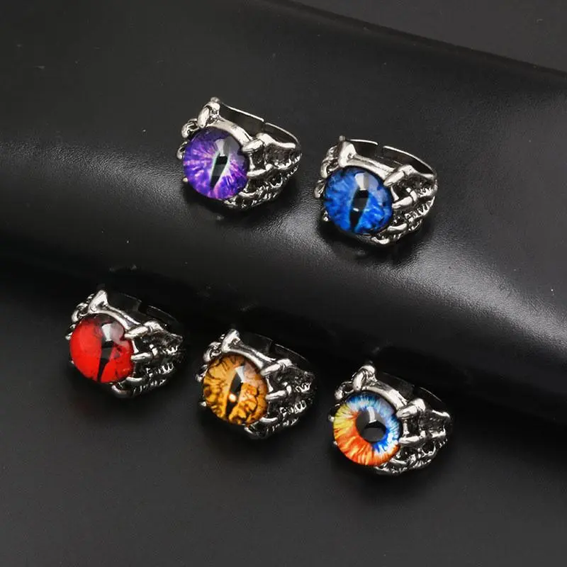 Men’s Gothic Band Ring - Vintage Resizable Punk Jewelry with Demon Dragon Claw Design, Evil Eye, Colorful Metal Coating, Ideal for Daily Wear & Gifting