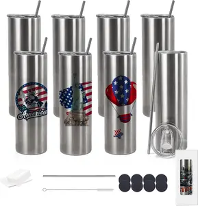 20oz Flat edge tumblers ,Sliver skinny Straight Cups with Individual Gift Box, Bottom Polymer Coating for Heat Transfer (8, silver)