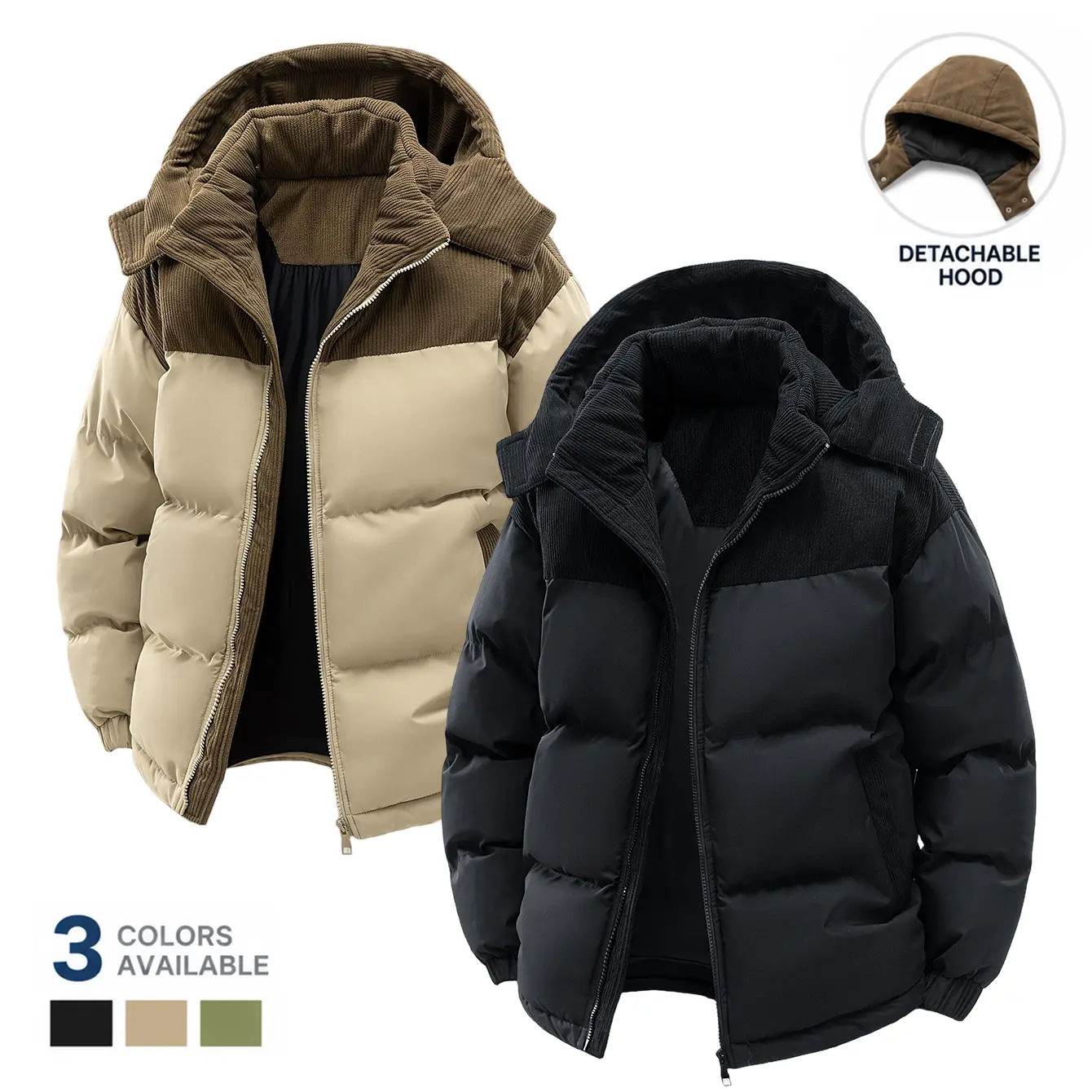 Men's Color Block Puffer Jacket - Casual Long Sleeve Menswear Tops with Detachable Hood, Corduroy Splicing, Thick Plain Warm Loose Winter Outerwear