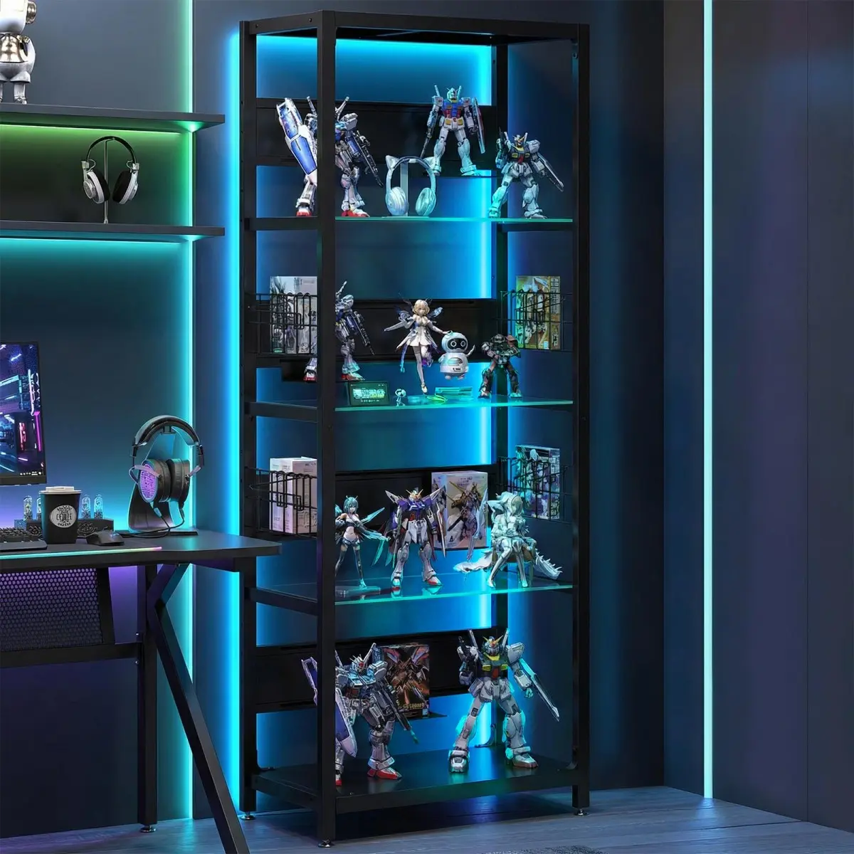 4-Tier Freestanding Glass Display Shelf (65.00in x23.60in x13.80in, 38.58 lbs) - Contemporary Sturdy Metal Frame RGB LED Lighting Curio Cabinet with Adjustable Storage Box, Hooks, Collector Display, Living Room, Gaming Room, Kitchen, Clean Aesthetic
