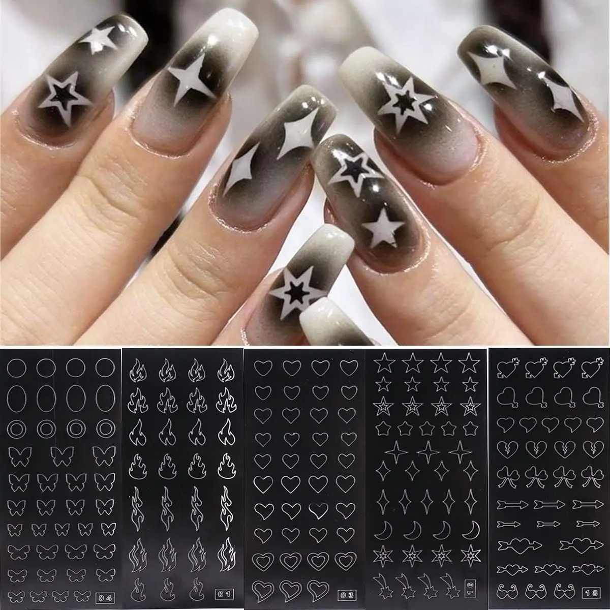 Airbrush Stencil for Nails 10 Sheets Heart Nail Charms Butterfly Bear Stars Hollow Nail Sticker Airbrush Templates French Manicure Tips Molds Nail Salon Supplies-