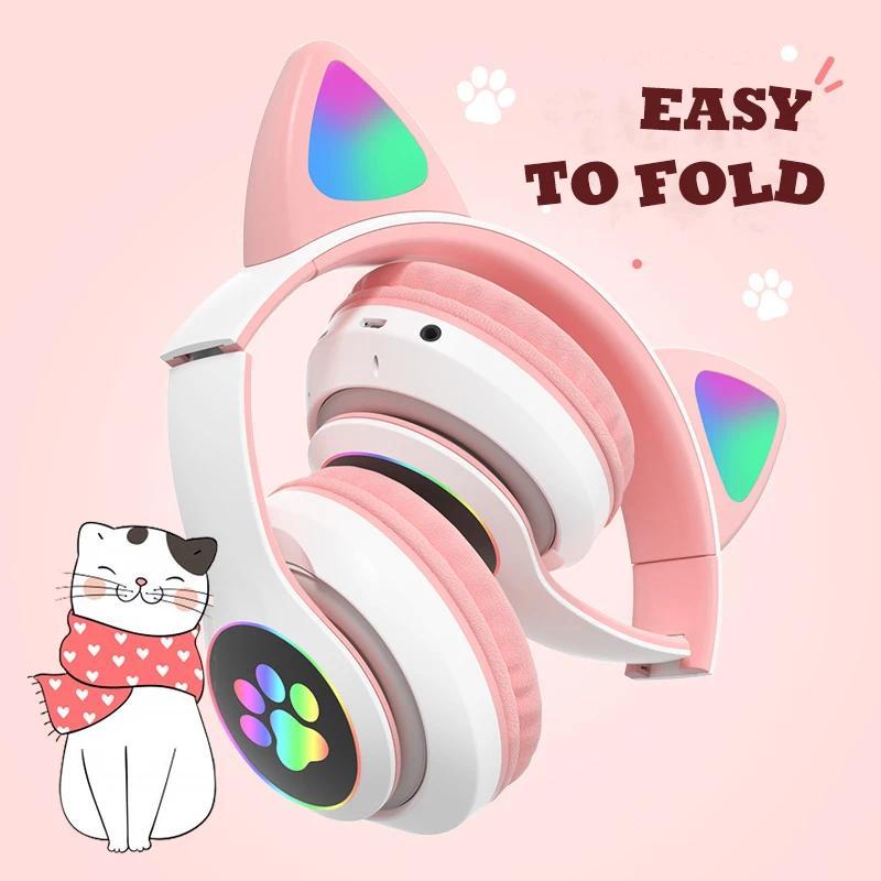 Flash Lamp Cute Cat Ears Headphone Bluetooth5.0 Stereo With Mic Support TF Card Wireless Kids Girl Earphone Birthday Gift monitor design bluetooth-compatible hed phones foldable headset over-ear