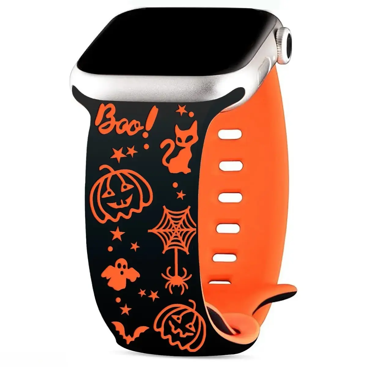 Halloween Ghost Engraved Silicone Apple Watch Band – Butterfly Buckle Sport Strap Compatible with Apple Watch 38–49mm