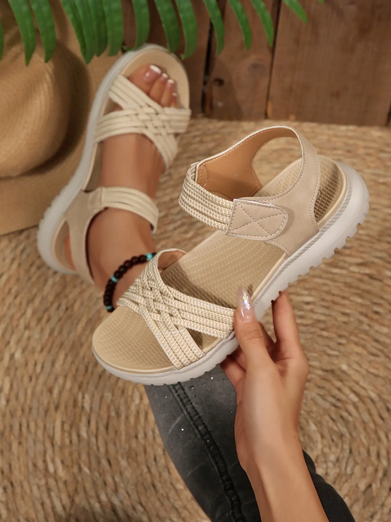 Boho Handmade Back Strap Sandals, Open Toe Velcro Adjustable Straps, Lightweight Thick Sole, Outdoor Women's Summer Shoes