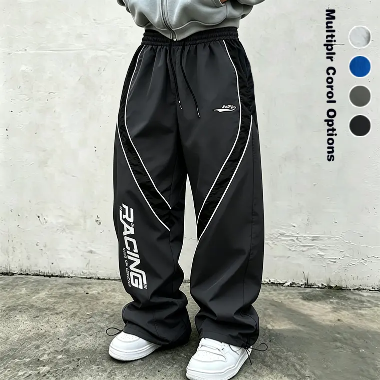 American V-shaped splicing racing pants for men, loose straight leg wide leg pants, street drawstring functional sports pants for spring and summer