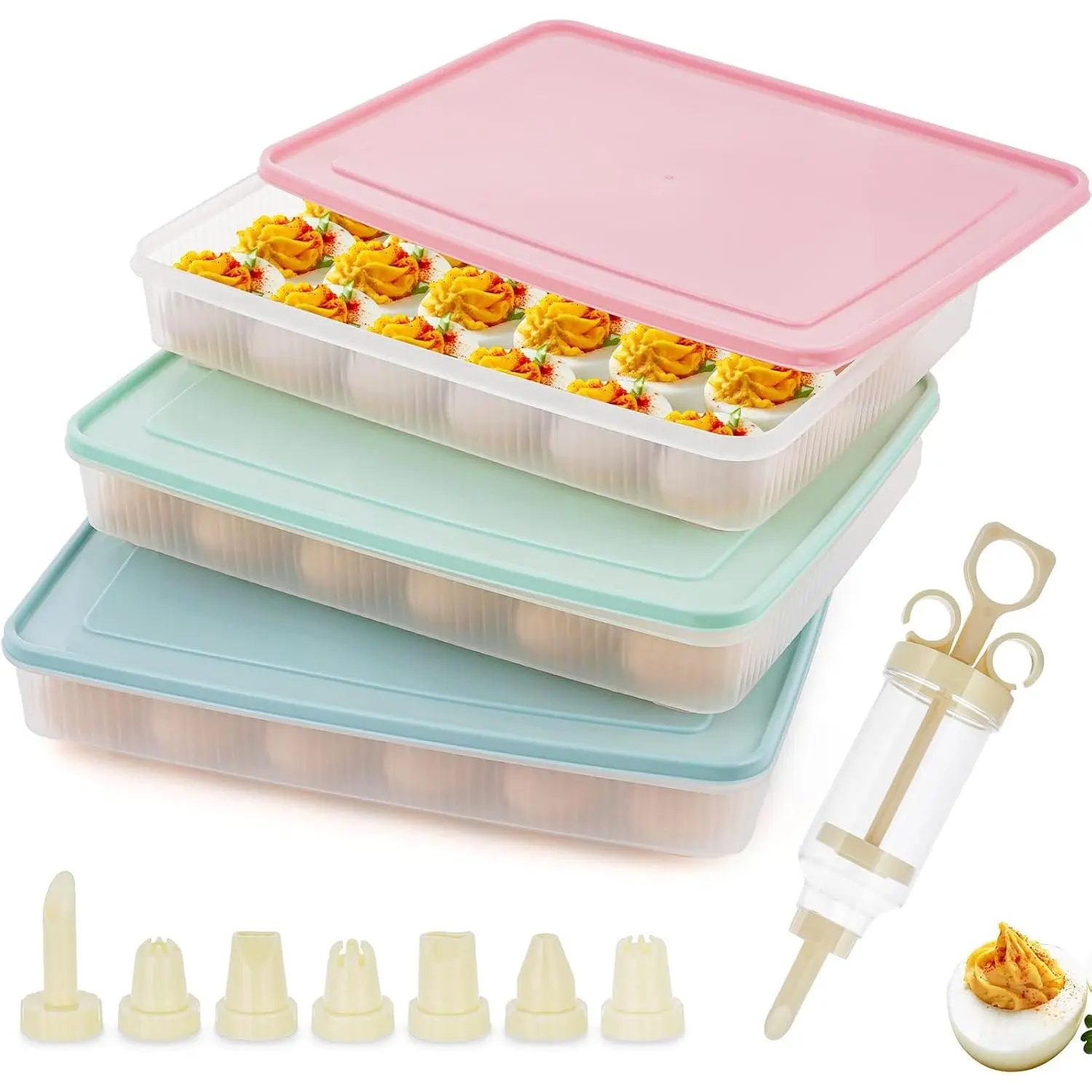 3 Pack Deviled Egg Containers with Lid and 8 count Deviled Egg Injector Piping Tool, Egg Organizer for Refrigerator, Fridge Stackable Countertop Portable Egg Platter (,blue,green)