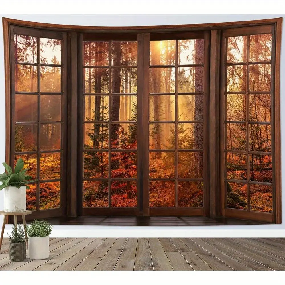 Fall Tapestry Orange Maple Tree Forest Nature Landscape outside Window Tapestry for Bedroom, Rustic Autumn Tapestry Wall Hanging for Living Room Dorm Holiday Wall Decor