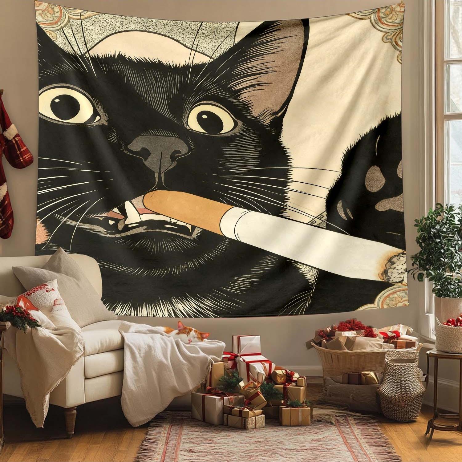 Distinctive Cat Tapestry, Humorous Illustration of a Smoking Cat, Large Artistic Wall Hanging, Decorative Background Cloth, Perfect for Living Room or Bedroom, 1 pc