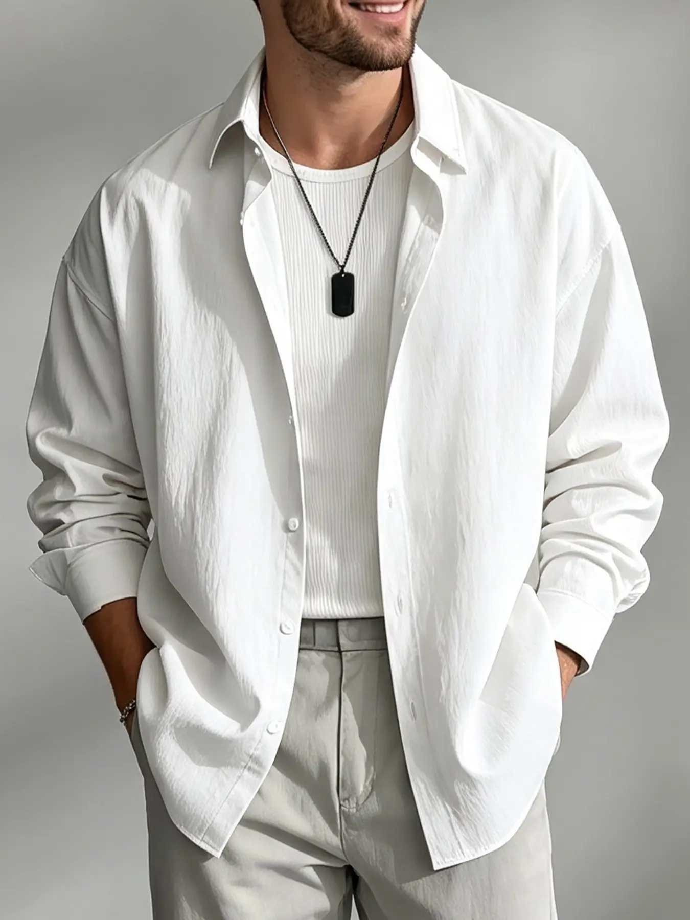 Men Solid White Light Wrinkle Textured Long Sleeve Casual Button Front Shirt, Classic Lapel Single Breasted Overshirt, Soft Comfort Skin-Friendly Fabric, Versatile For Outdoor Travel, Daily Commute, Street Casual And Layered Matching Outfit