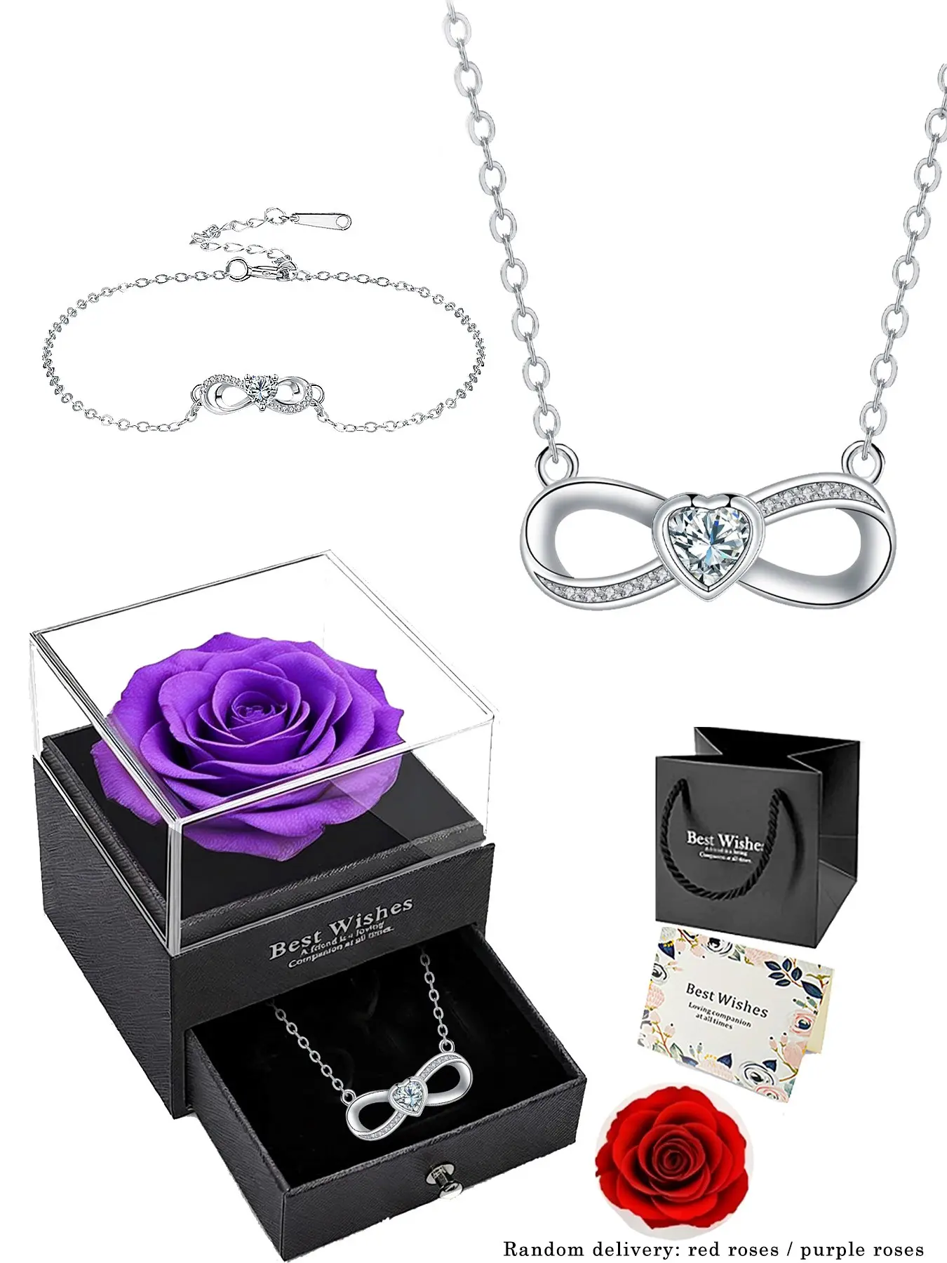 Infinite Symbol Heart Necklace Bracelet Set with Preserved Rose Gift Box, Elegant Jewelry for Wife, Mom, Daughter, Girlfriend, Special Occasions