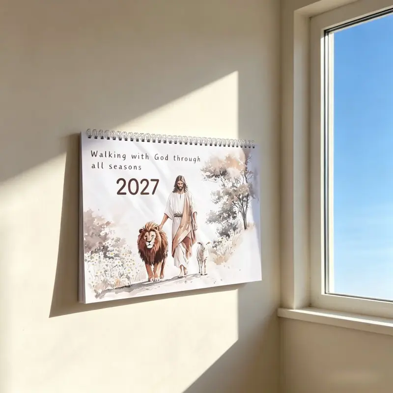 2027 Spiral Calendar, Lion and Lamb Monthly Planner, Inspirational Home Decor Wall Art, Gift Idea, Four Seasons Design