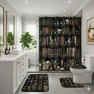 4pcs Mystical Library Shower Curtain Set, Thicker Softer Fabric, Gothic Bookshelf with Skulls, Artistic Bathroom Accessories
