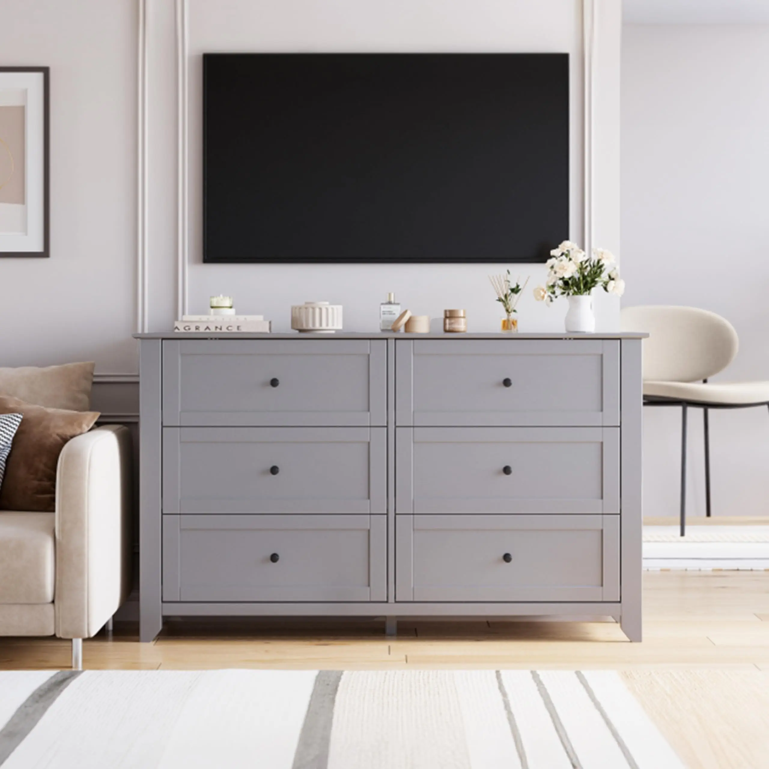 6 Drawer Wooden Dresser – White, Grey, or Black – Modern Storage Cabinet – Perfect for Bedroom Furniture, Closet Organization, Living Room Storage, or Entryway Hallway