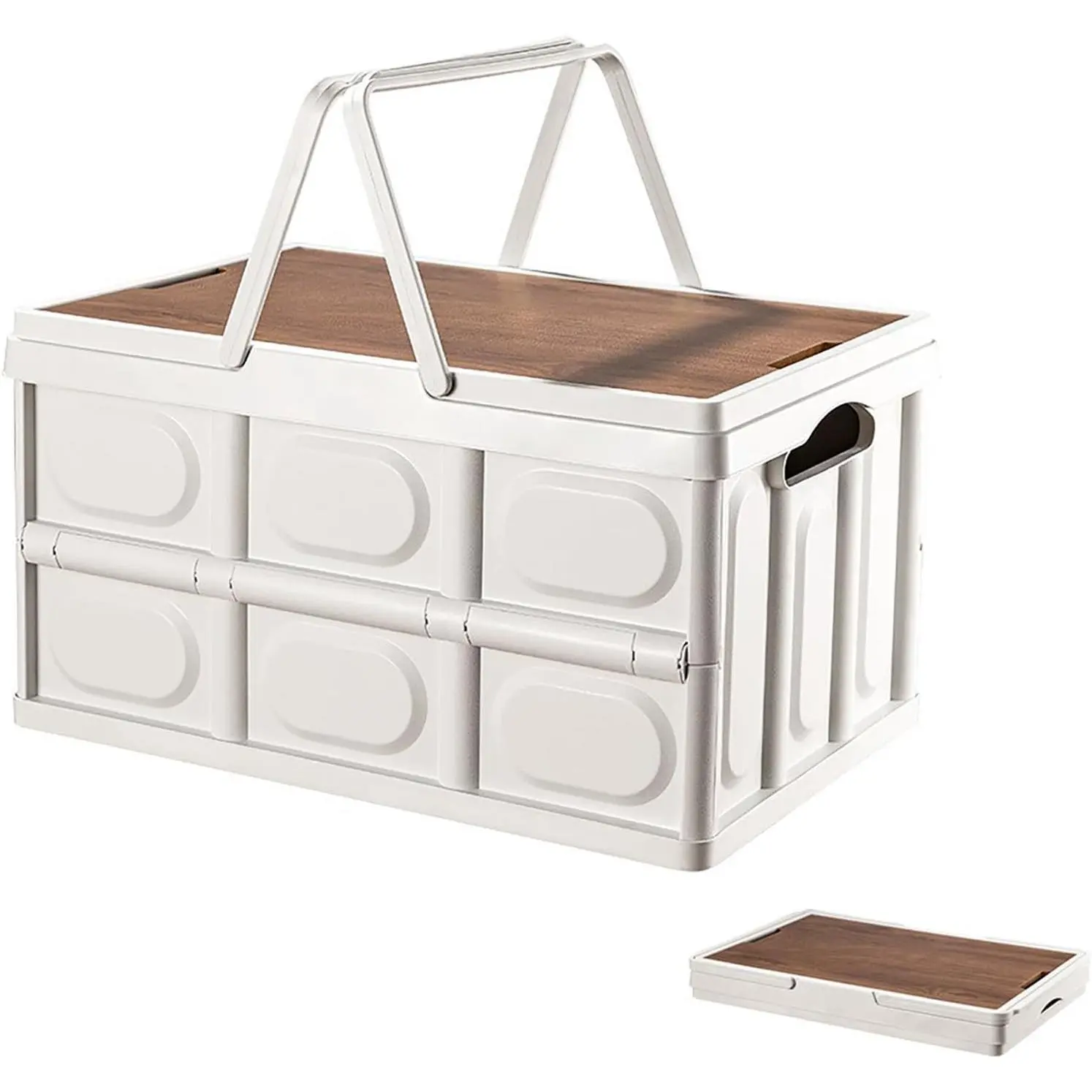 MeToMe Collapsible Storage Bin with Handles and Wooden Lid, Large Capacity Stackable Utility Crates Holds 33lbs for Outdoor Home Storage Organizing Moving (50L/13.2Gal)