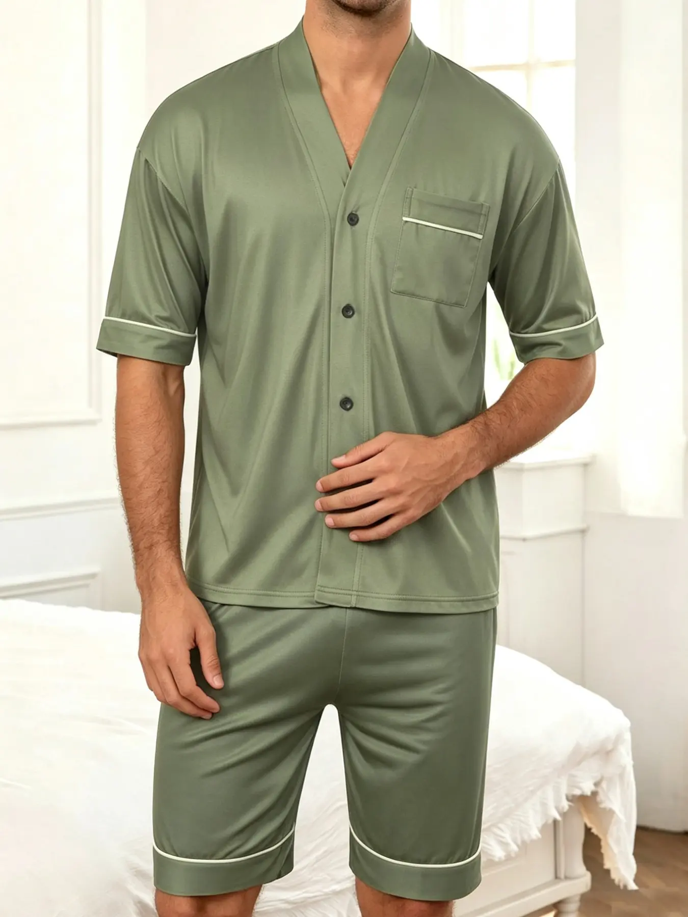Men's Short Sleeve Pajama Set Pjs Pyjamas Homewear, Solid Color V-Neck Open Front, Contrast Trim with Pockets, Comfortable Sleepwear Loungewear Two-Piece Set