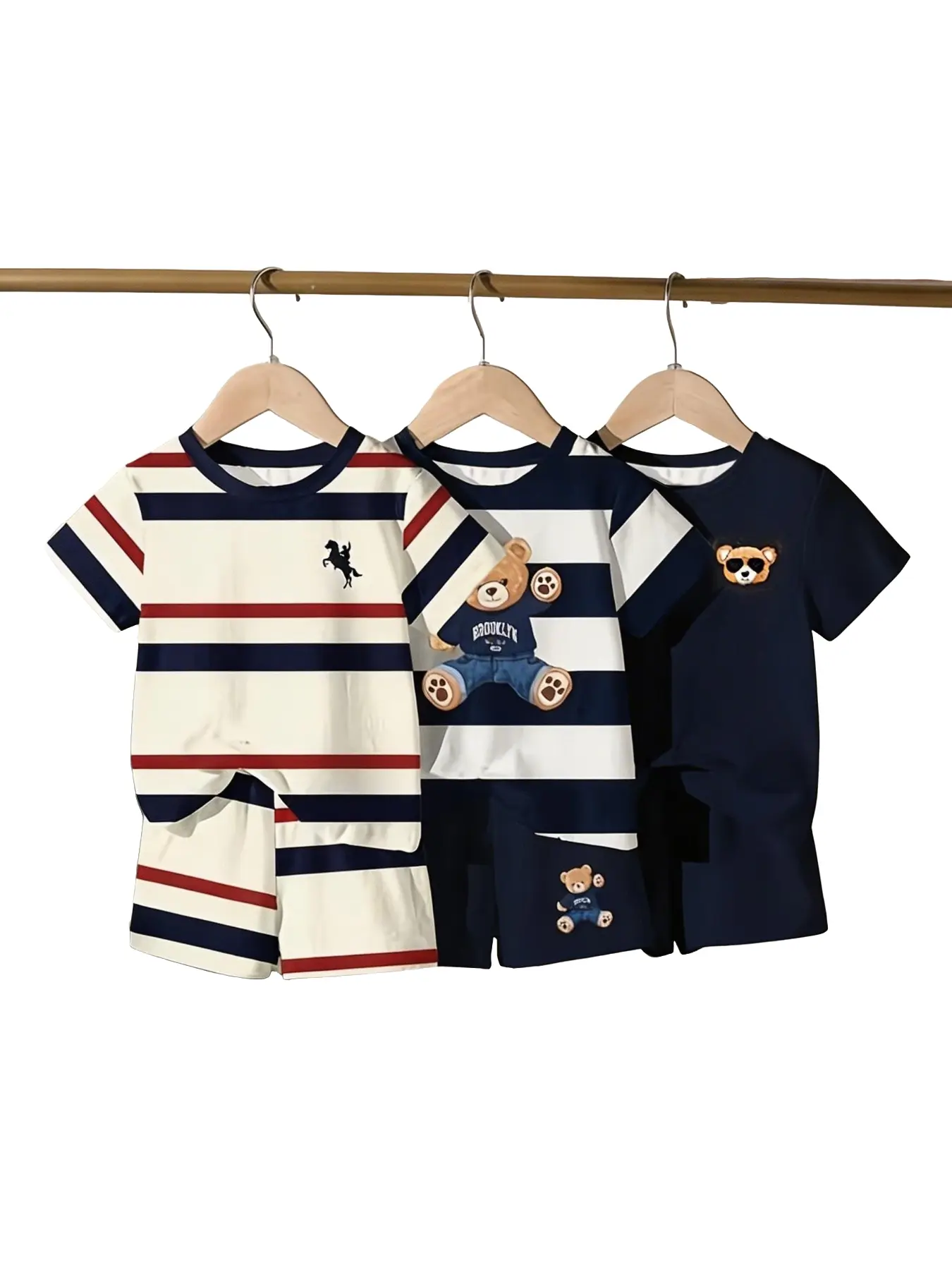 6-Piece Boys' Cute 3D Bear Striped Print Fashion Short Sleeve and Casual Shorts Set, Summer New Arrival, Perfect for School and Outdoor Activities, Outfit Sets