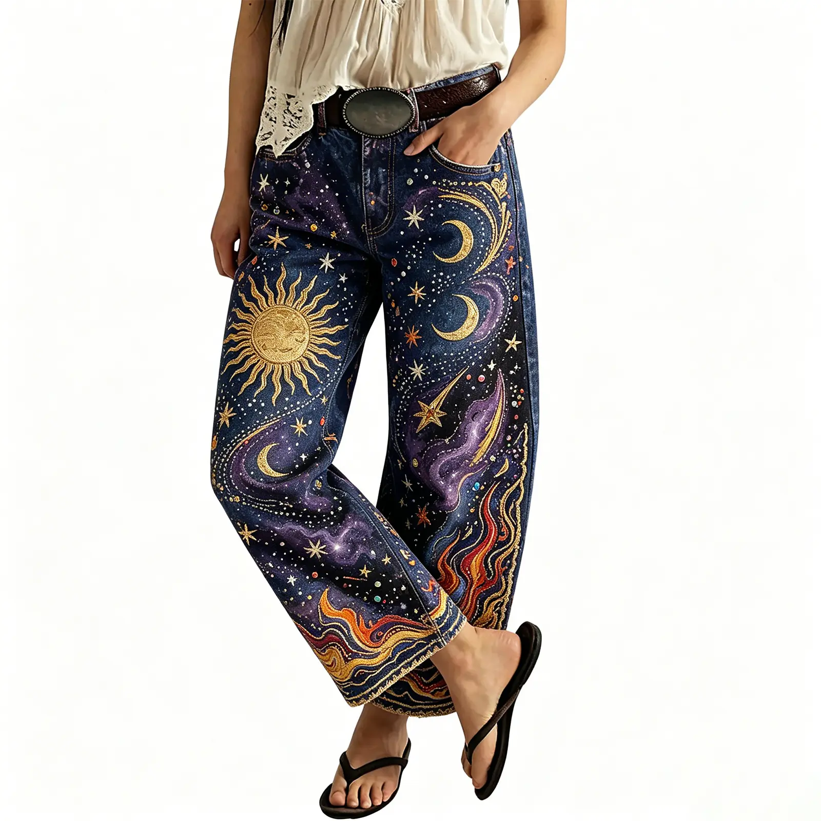 Women's vintage-wash wide-leg jeans; Y2K-style loose-fitting trousers; soft pink base with a bohemian floral print; suitable for year-round outdoor activities and streetwear styling.