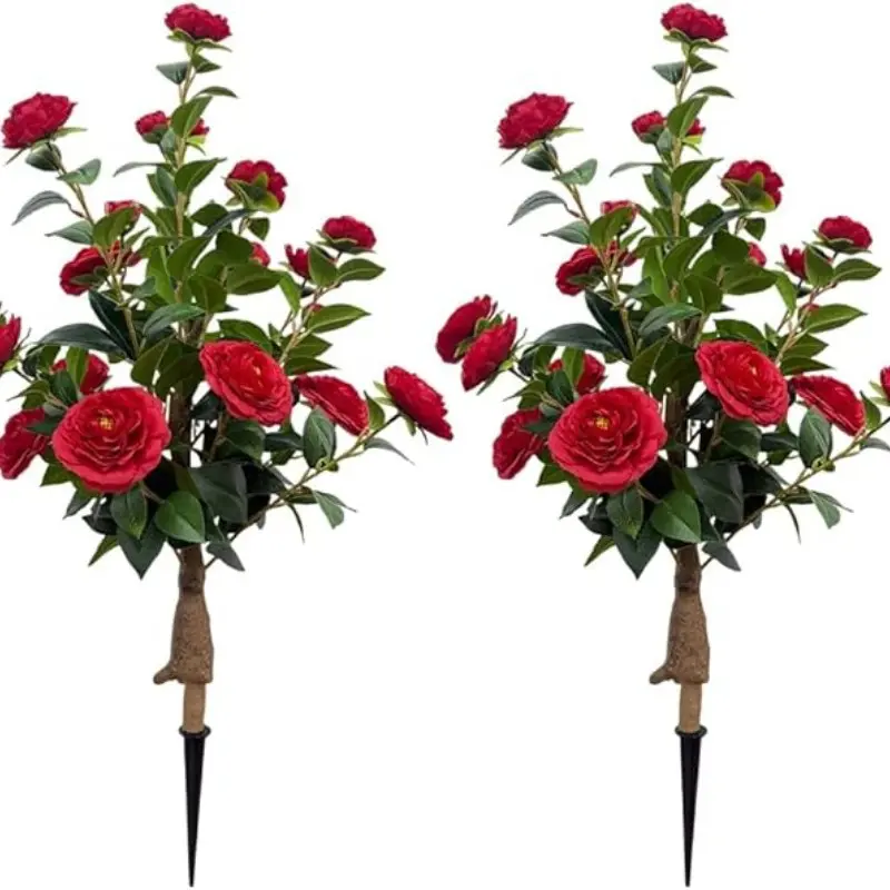 2 artificial white camellia trees with embedded bases, 34-inch camellia trees with attached rods, and weather-resistant and UV-resistant camellia shrub plants
