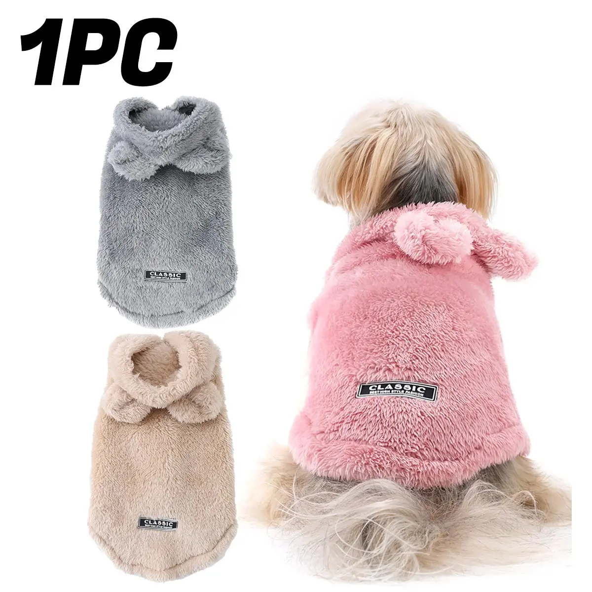 Thickened Plush Pet Coat for Fall Winter, Soft Fabric, Cute Ears Design, Metal D-Ring Back, Suitable for Small Dogs and Cats