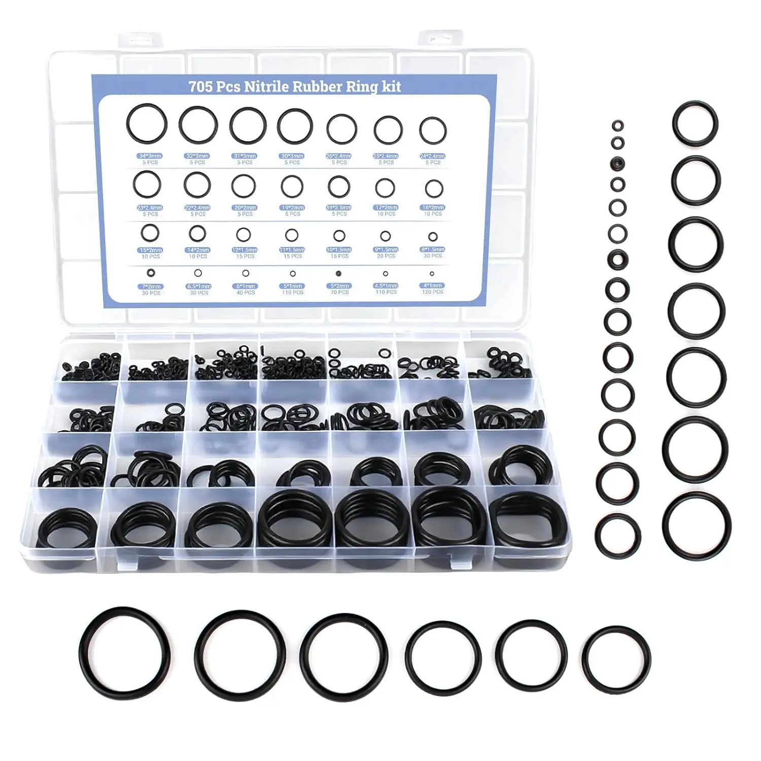 705 count O Ring Kit, 28 Sizes Metric  Black Rubber O Rings, Oil and High-Temperature Resistant, for Automotive Repairs, Pipe Connections, tap Pipe Sealing, and Air or Gas Sealed Connections