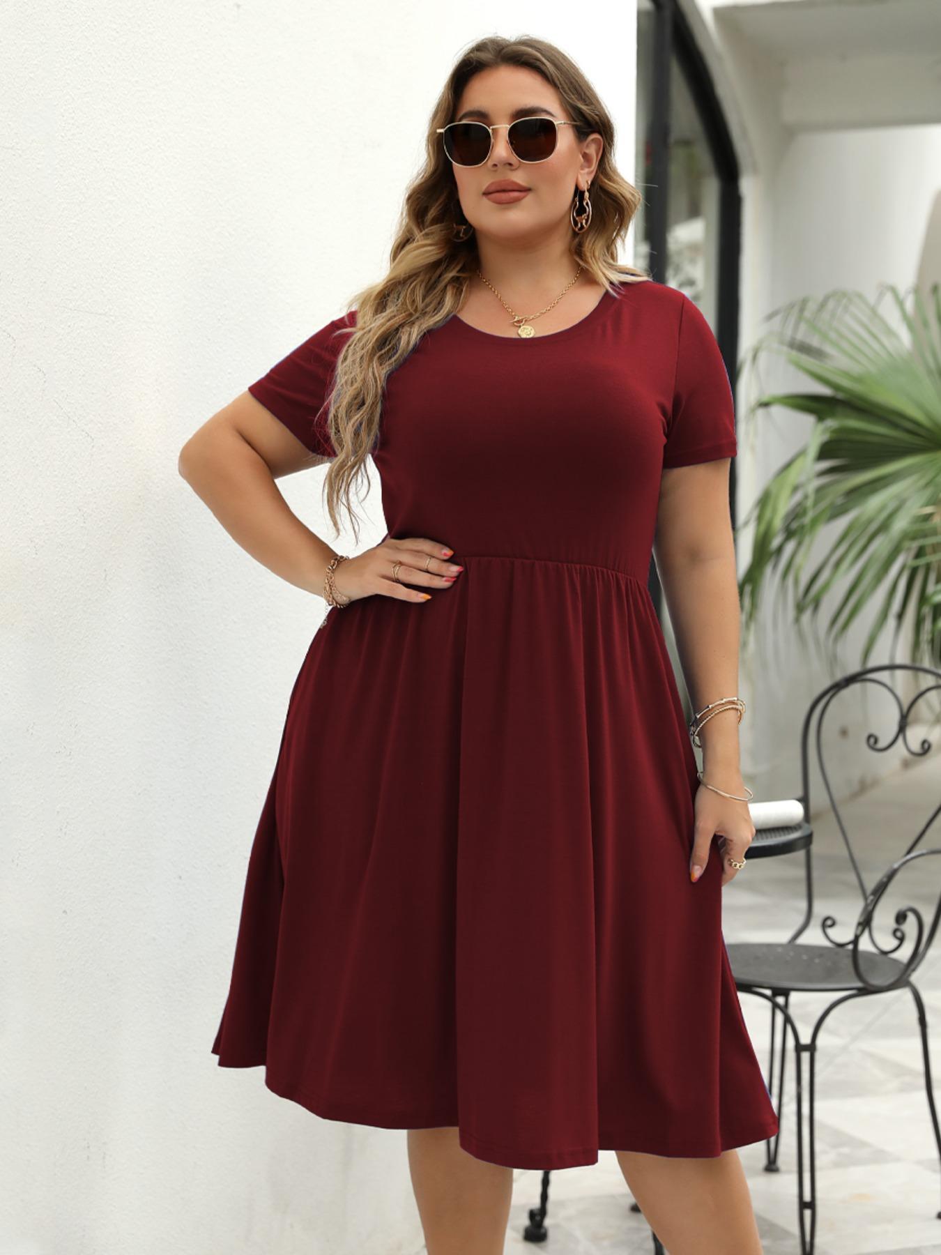 【Plus Size】Plain Pocket Round Neck Tee Dress, Summer Clothes Women, Women's Casual Short Sleeve A Line Dress for Summer, Lady Plus Size Clothing for Daily Wear, Summer Dresses, Casual Fit Dress