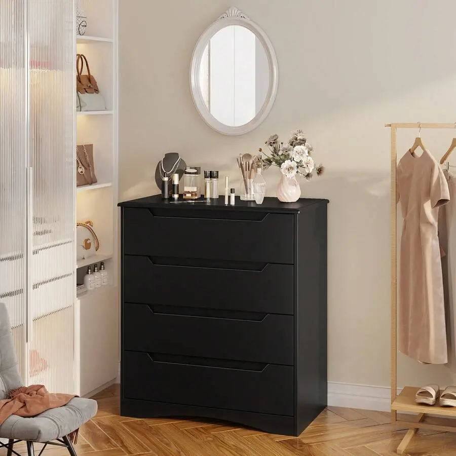 White 4-Drawer MDF Chest, Contemporary Indoor Cabinet with Cutout Handles, Curved Base, Easy Setup for Bedroom, Living Room