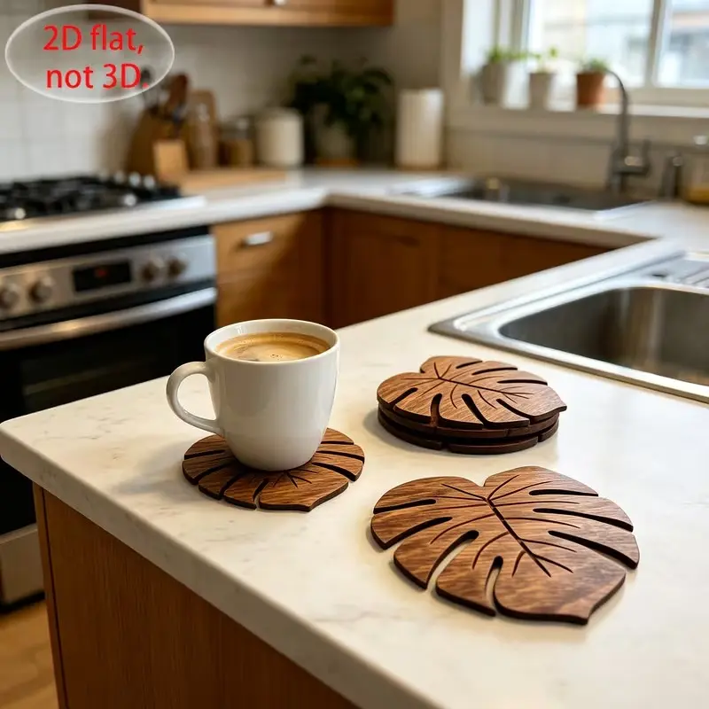 6 Pcs Monstera Leaf Wood Coasters Tropical Plant Print Drink Coaster Set with Non Slip Base Heat Insulation for Coffee Bar Kitchen Dining Table Plant Lover Gift