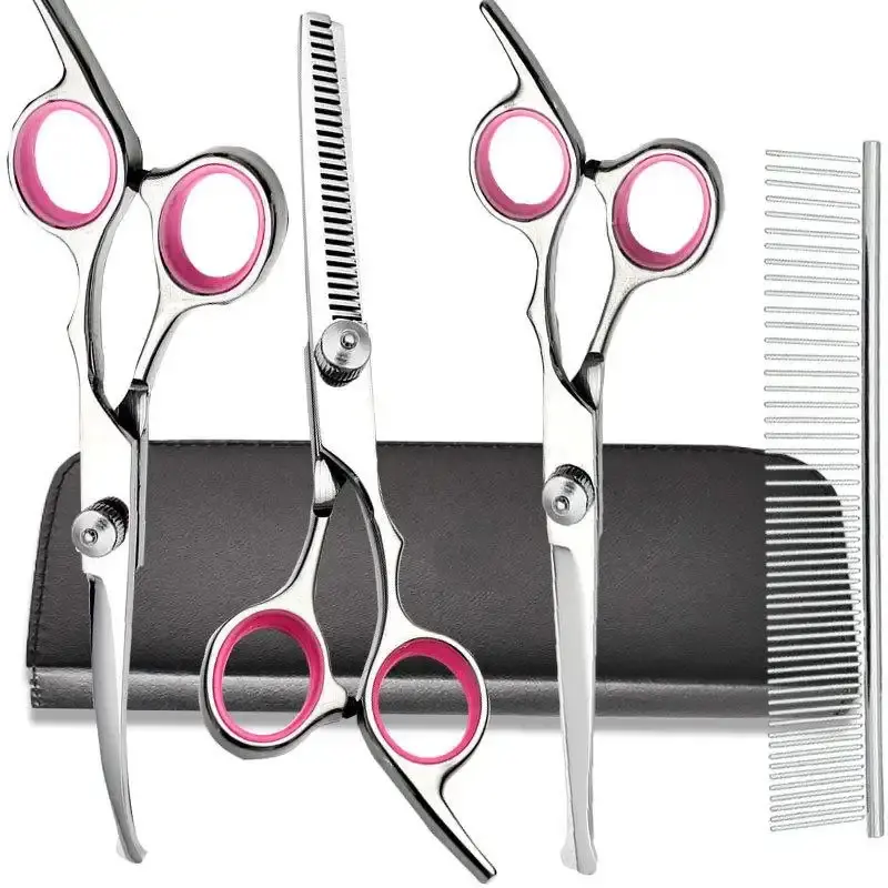Dog Grooming Scissors 3-Piece Multi Pack - Round Tips Safety Blades, Curved Shears, Thinning Shears, Sharp Stainless Steel Blades, Ergonomic Handle, Hair Removal Roller, Bath Bag for Precision Trimming, Beauty Scissors Universal Fit