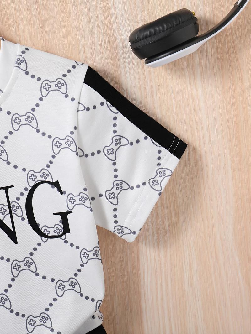 Two-piece Set Boy's All Over Game Console Letter Print Side Stripe Tee & Shorts Set, Casual Short Sleeve T-shirt & Elastic Waist Shorts, Summer Outfits Clothes for Kids