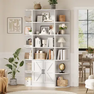 75 Inch Tall Modern 6-Tier Wooden Kids Bookcase with Large Closed Storage Cabinet & Doors, Freestanding Display & Storage Organizer Shelf for Bedroom, Home Office and Living Room